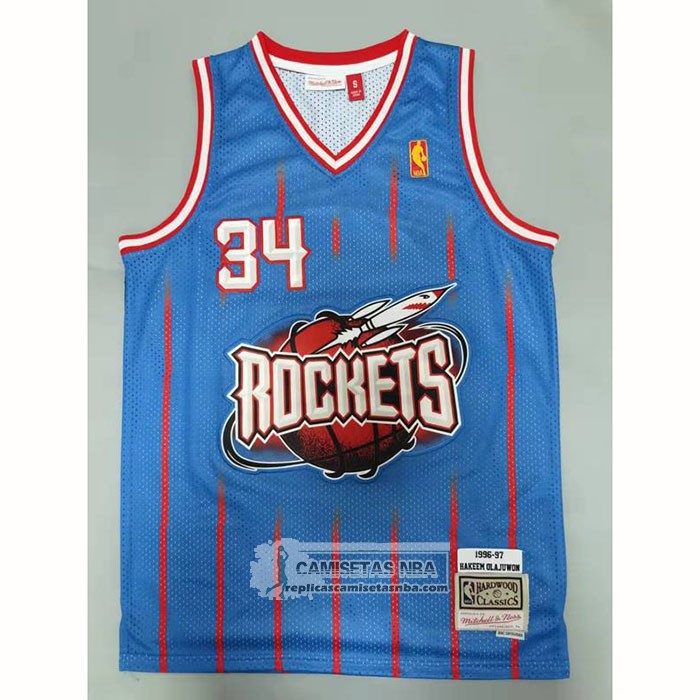 Camiseta Houston Rockets Hakeem Olajuwon NO 34 Mitchell & Ness 1996-97 Azul